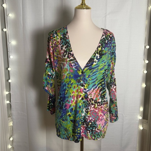 Joseph A Green and Blue Relaxed Cardigan with Graphic Design - Picture 1 of 7